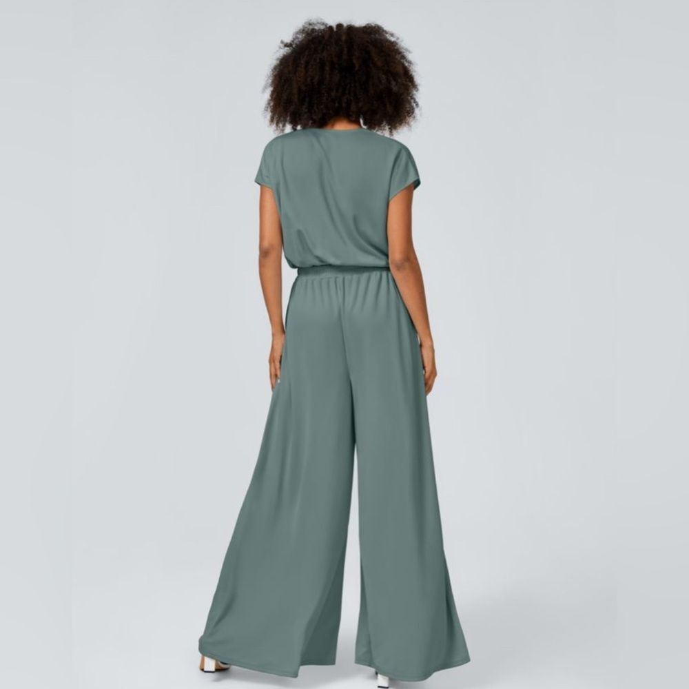 NWT HALARA- V NECK SHORT SLEEVE SIDE POCKET-WIDE LEG FLOWY JUMPSUIT size L - Picture 2 of 12